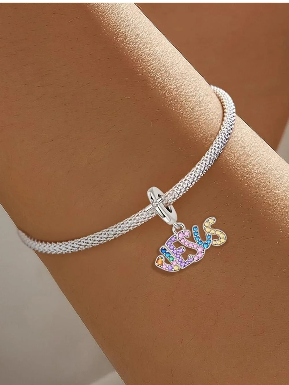 925 Jesus Rainbow CZ Dangle Charm Multicolor Christian Faith Jewelry